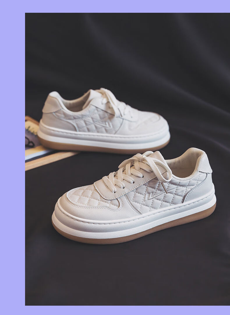 小白鞋女新款菱格秋款板鞋学生韩版百搭秋季厚底大头女鞋白色35