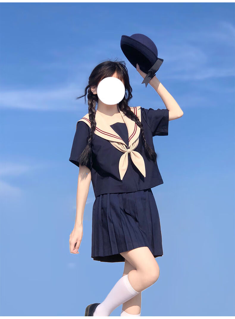 水手服日系jk制服裙基础款中间服短袖水手服学院风夏季套装 藏青长裙