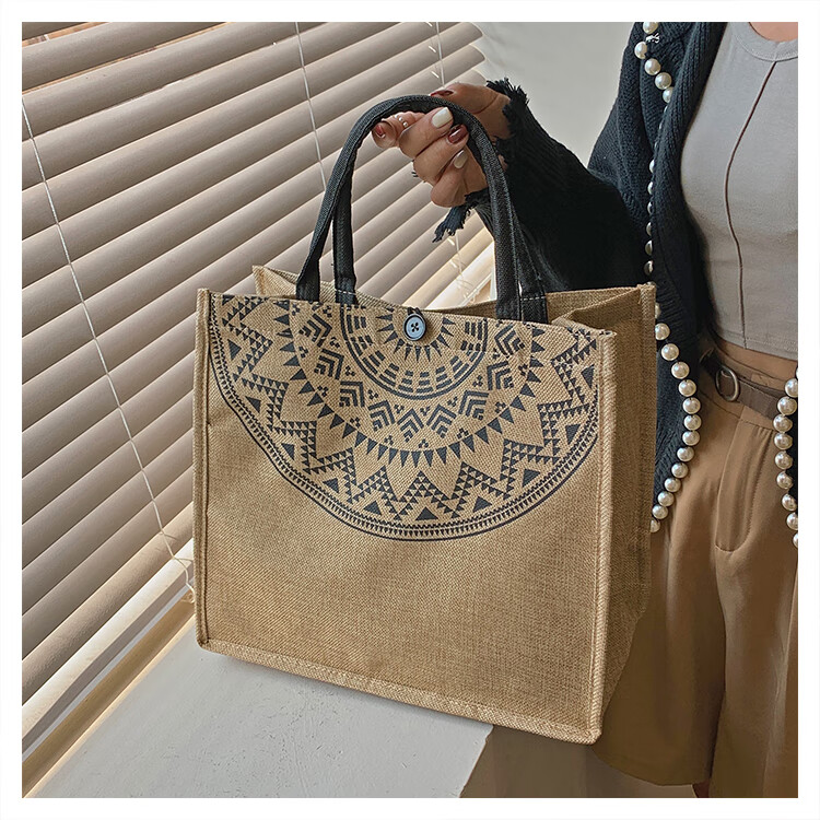 uhfv 帆布袋亚麻小布袋 大容量袋女新款民族风复古手提袋女亚麻质感