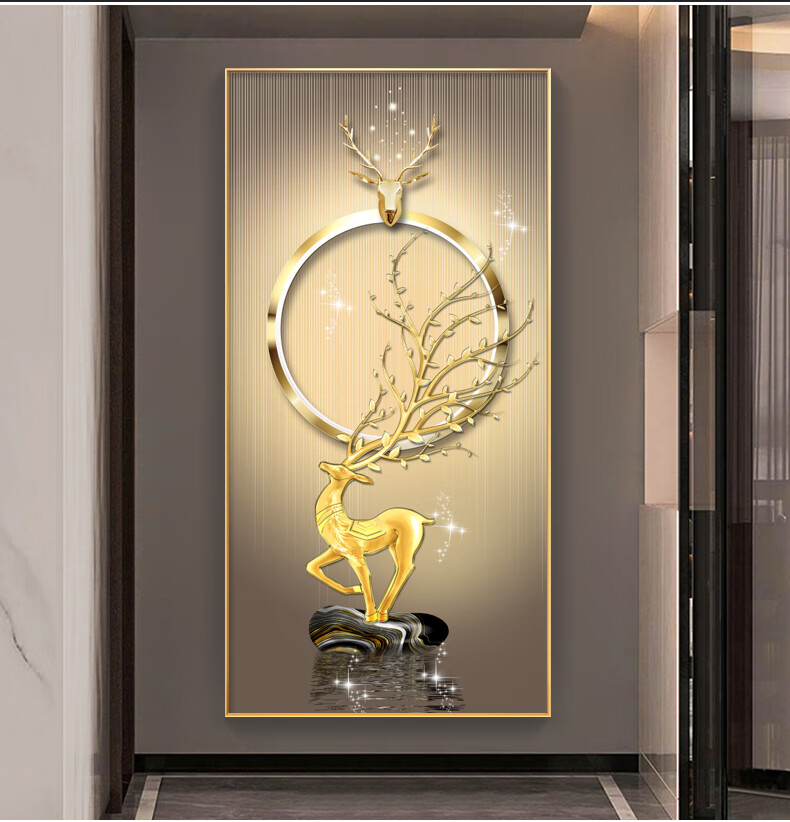 艾暮琳轻奢高档高端麋鹿玄关装饰画玄幻背景墙入户走廊挂画晶瓷壁画
