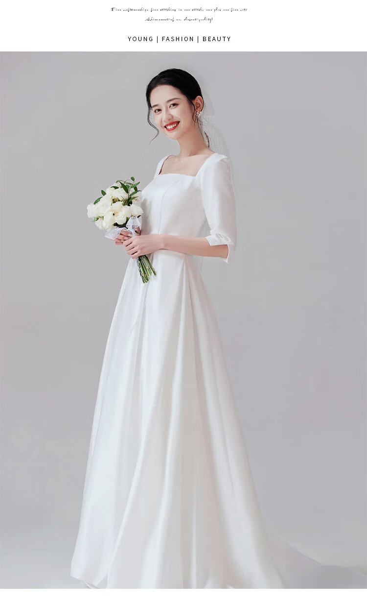 法式轻婚纱2021新款缎面简约气质旅拍简约新娘出门纱小礼服裙白色白色