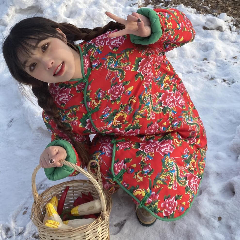 东北大红花棉袄女中国风冬季加厚夹棉外套复古上衣民族风棉衣棉袄棉服