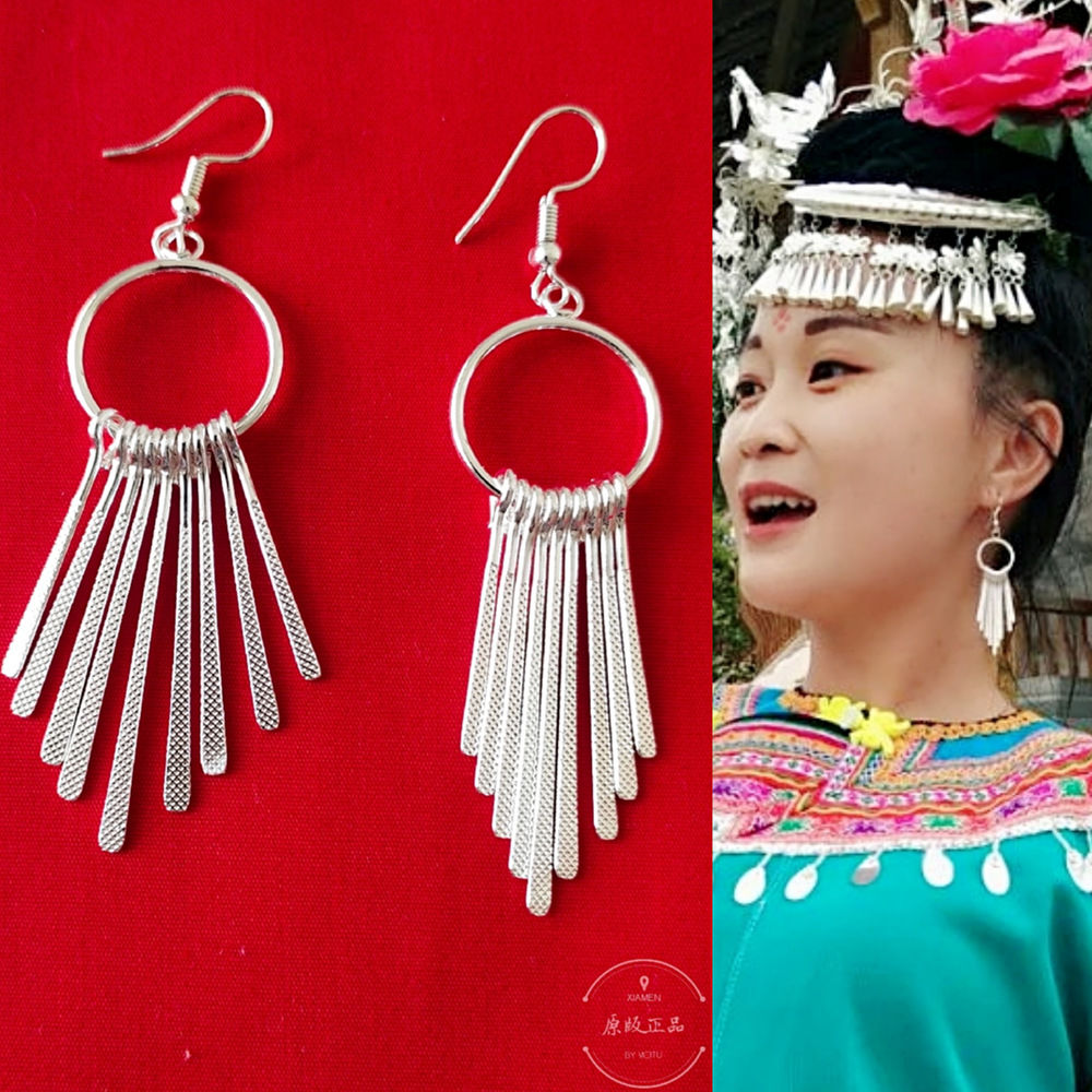 liyan手工民族风长流苏夸张苗族银耳饰少数民族大dd 民族风银精致孔雀