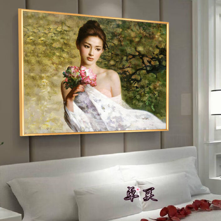 宾馆酒店墙画客厅有框画装饰画房间挂画艺术油画卧室美女壁画横版