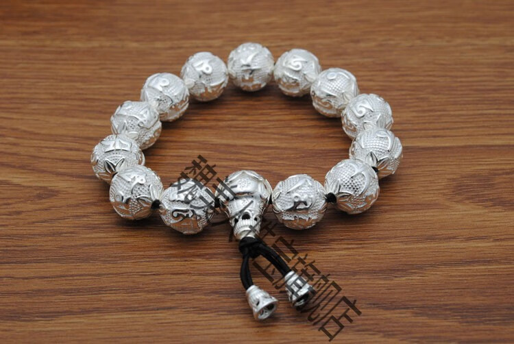 浙饰界品牌同款 新年礼物 银手串云南丽江雪花银999足银足银六字真言