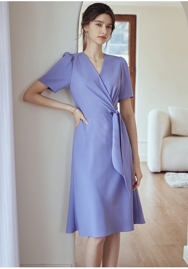 roeyshouse罗衣气质蓝紫色连衣裙女2022夏装新款拼接系带泡泡袖大摆裙