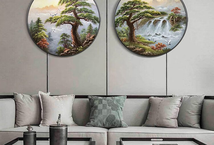 皓涛迎客松圆形风景手绘油画新中式客厅玄关书房装饰画办公室挂画a款