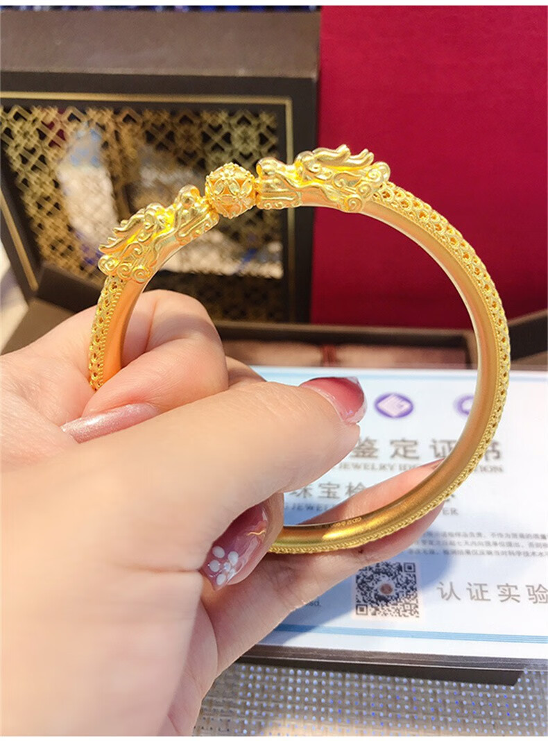 双龙戏珠手镯古法黄金镯子9999足金花丝镂空足金镯子女士新款传承古法