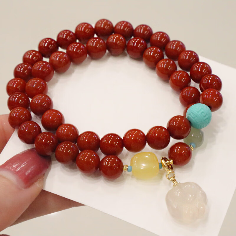 双圈南红玛瑙手链吊猫爪玉髓民族风多圈蜜蜡手串8mm南红玛瑙玉髓猫爪