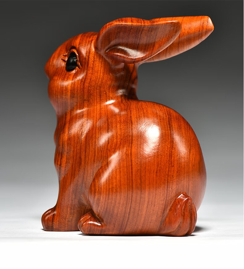 60新品花梨实木雕刻兔子摆件三合十二生肖木头兔家居客厅装饰品开业