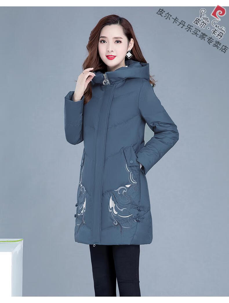 皮尔卡丹绣花羽绒服女中长款春秋2021年新款修身洋气加厚中年妈妈外套