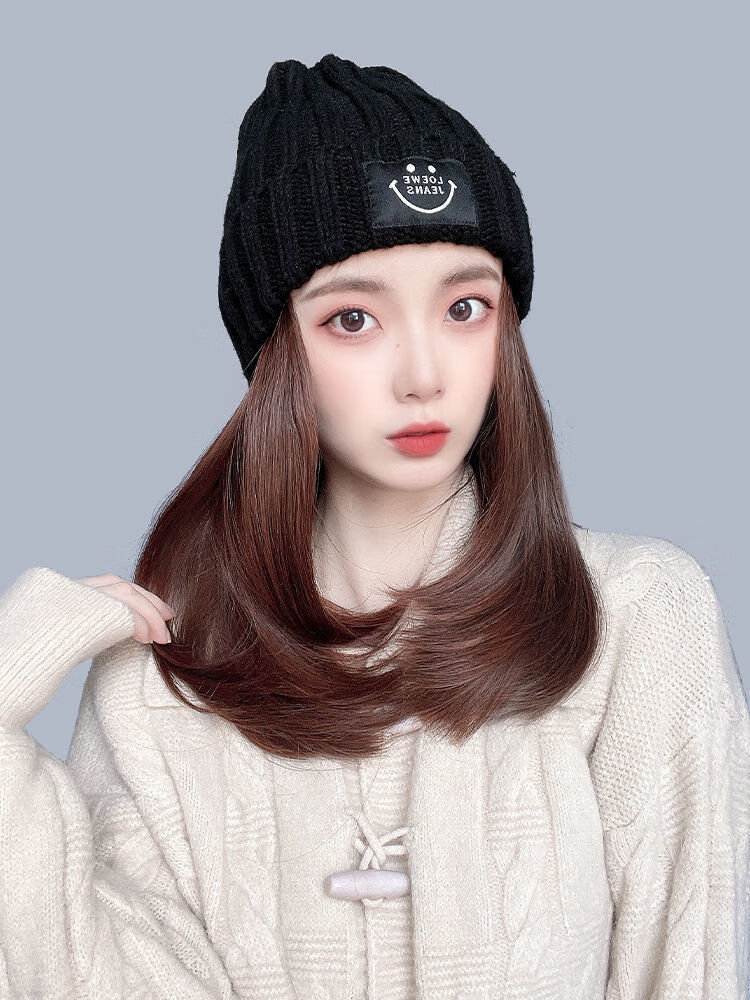 蒙倩mengqian假发帽子一体时尚网红帽子带头发针织帽锁骨发女秋冬百搭