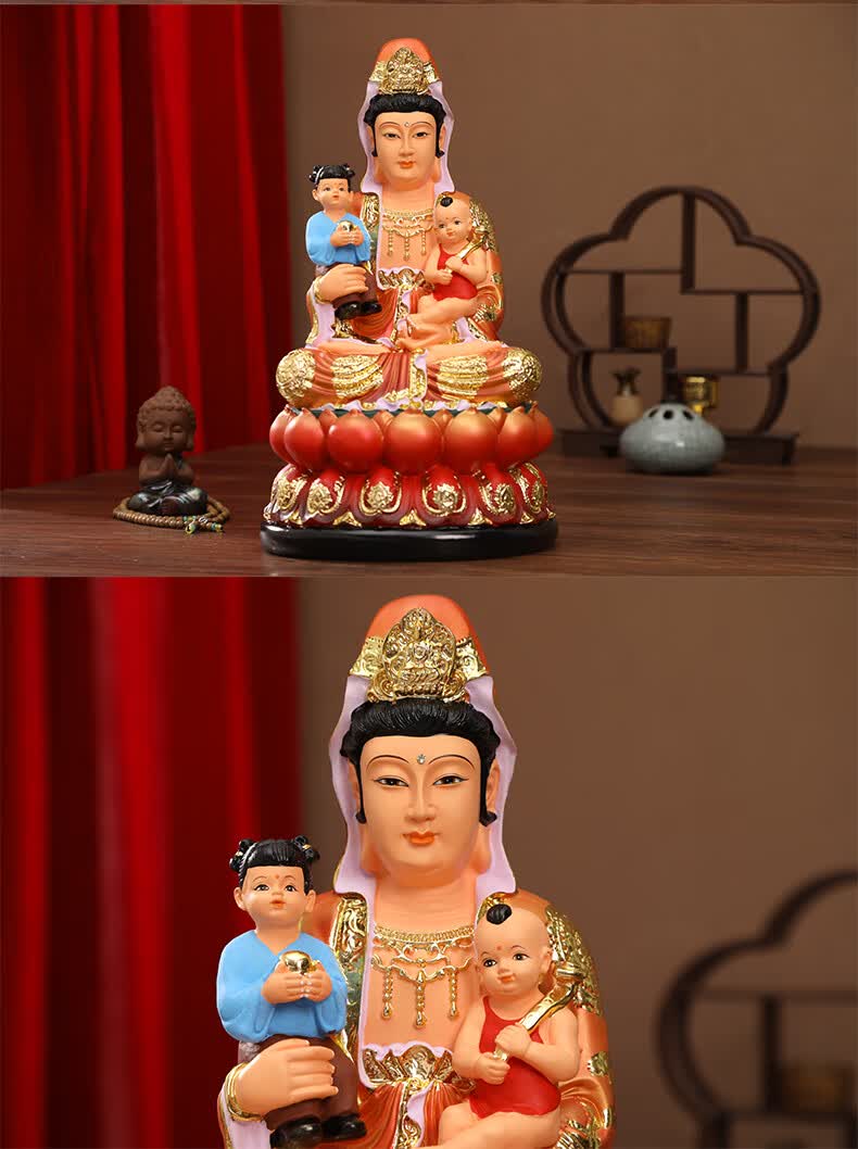 送子观音佛像12寸树脂龙凤胎求子娘娘家用供奉观音菩萨摆件 16寸 38cm
