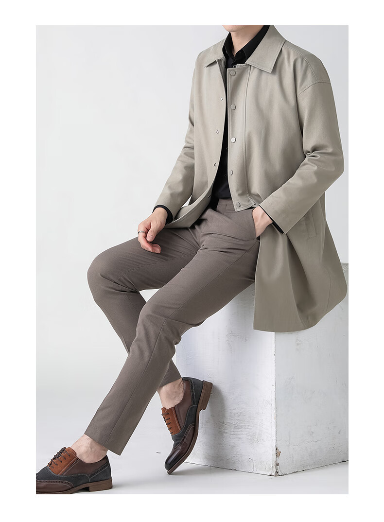 外套商务休闲翻领中青年中长款纯色简约百搭潮流男装上衣卡其色170