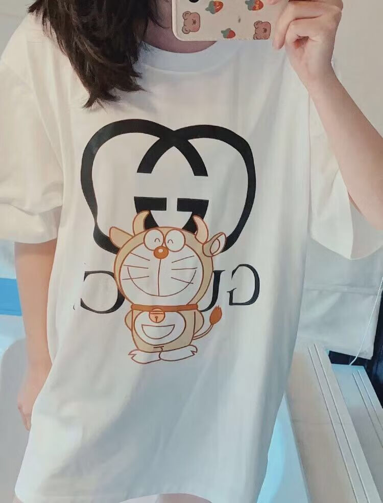哆啦a梦机器猫联名夏短袖男女情侣纯棉t恤休闲宽松半袖 白色(横道叮当