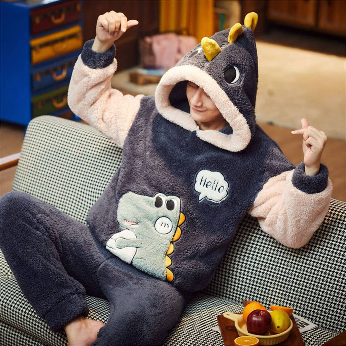 睡衣男加厚秋冬季保暖睡衣珊瑚绒可爱法兰绒男卡通家居服套装大码可爱