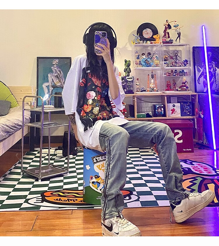 bigeaters美式高街做旧拉链开衩牛仔裤男情侣vibe风直筒休闲长裤潮