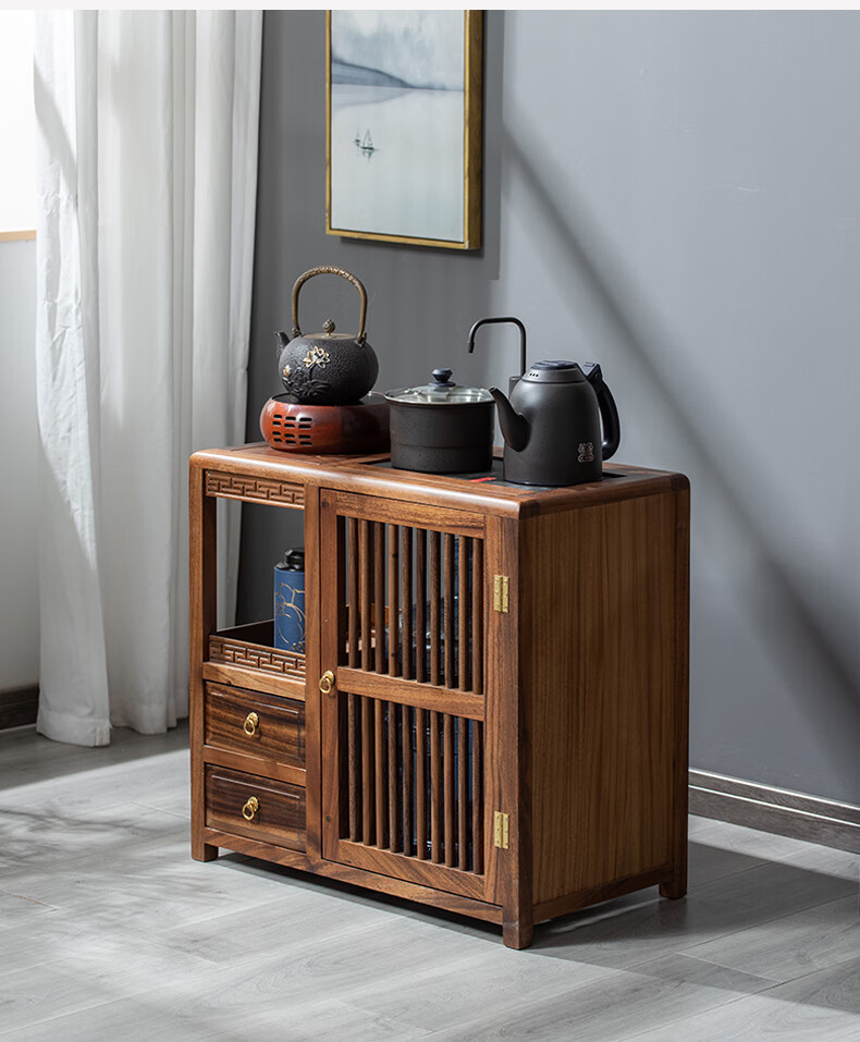尊绮茶水柜新中式实木餐边柜子家用客厅烧水壶一体胡桃木带轮茶边柜木