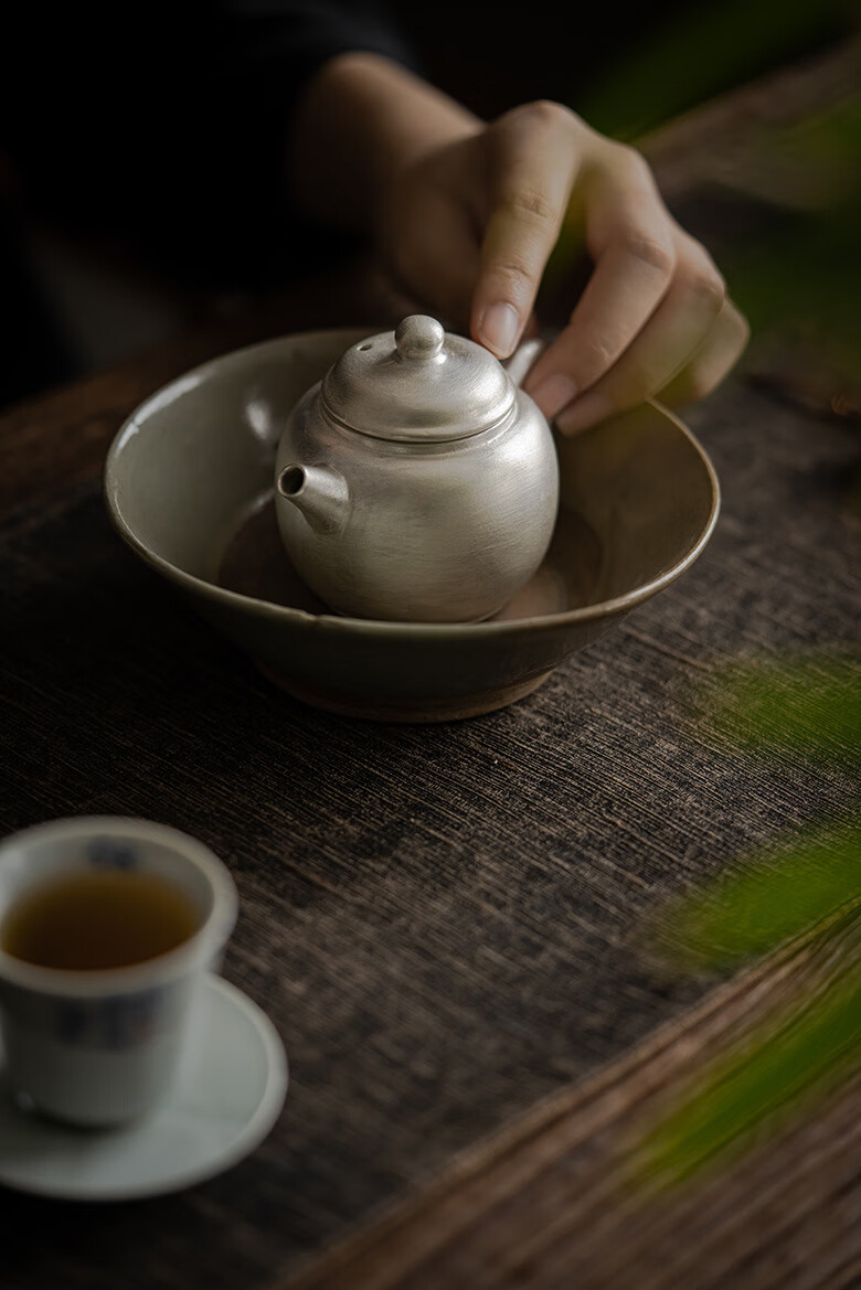 水墨当清手工鎏银小品壶功夫茶具陶瓷茶壶礼盒装文人泡茶手执壶鎏银