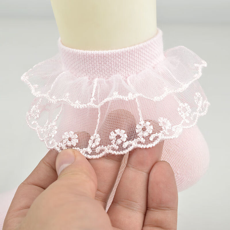 女童袜子春秋纯棉洋气可爱公主小学生儿童舞蹈专用白色花边袜五双白色
