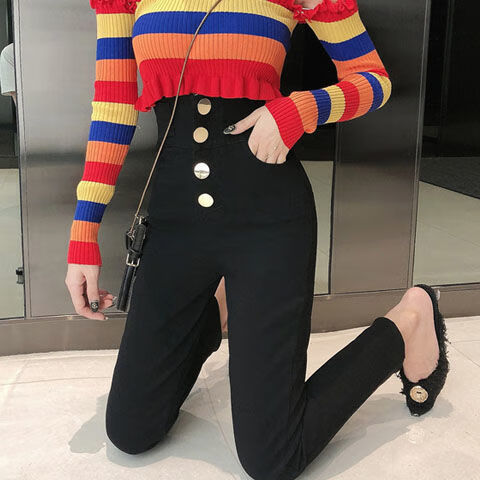 新款高腰加绒排扣打底裤女外穿2021显瘦黑色小脚铅笔裤薄款魔术裤黑色