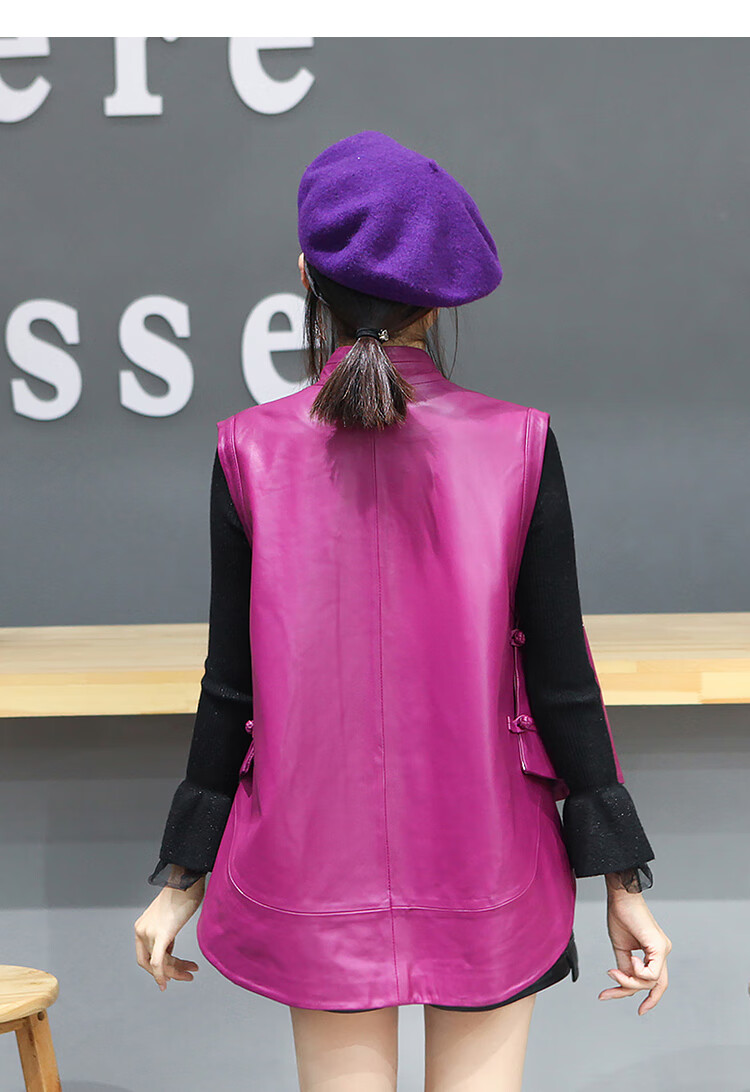 真眞皮马甲女马甲女绵羊皮盘扣休闲外套时尚燕尾皮马夹立领无袖皮背心