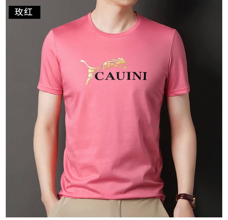 稻草人夏装新款圆领印花短袖t恤男金豹字母男士打底小衫a黑色170l