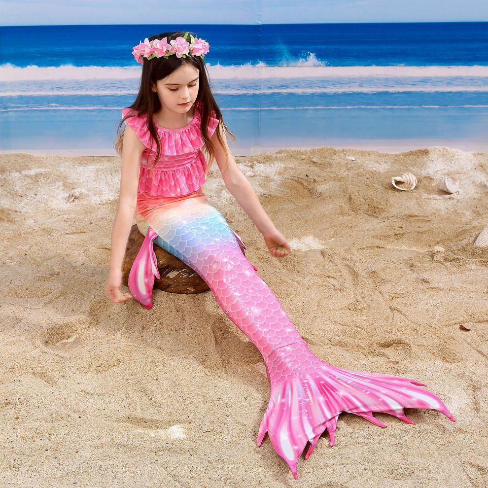 美人鱼尾巴泳衣女童分体泳装儿童游泳套装女孩中大童学生游泳衣 蓝色