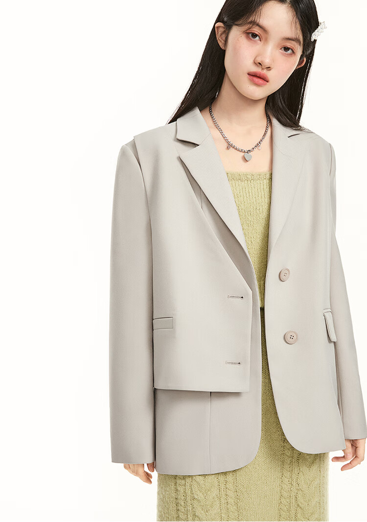 年货节新品乐町个性设计感西装2021秋冬纯色西装外套女宽松麦芽米现货