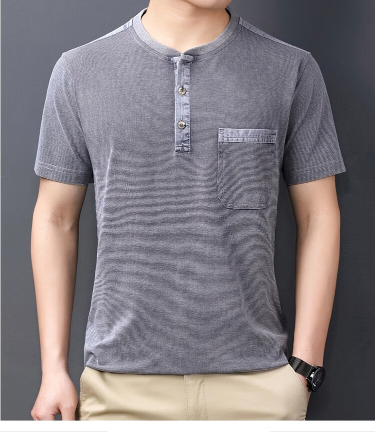 太子龙轻奢高端无领t恤男士短袖中老年爸爸夏装有兜口袋体恤带扣半袖