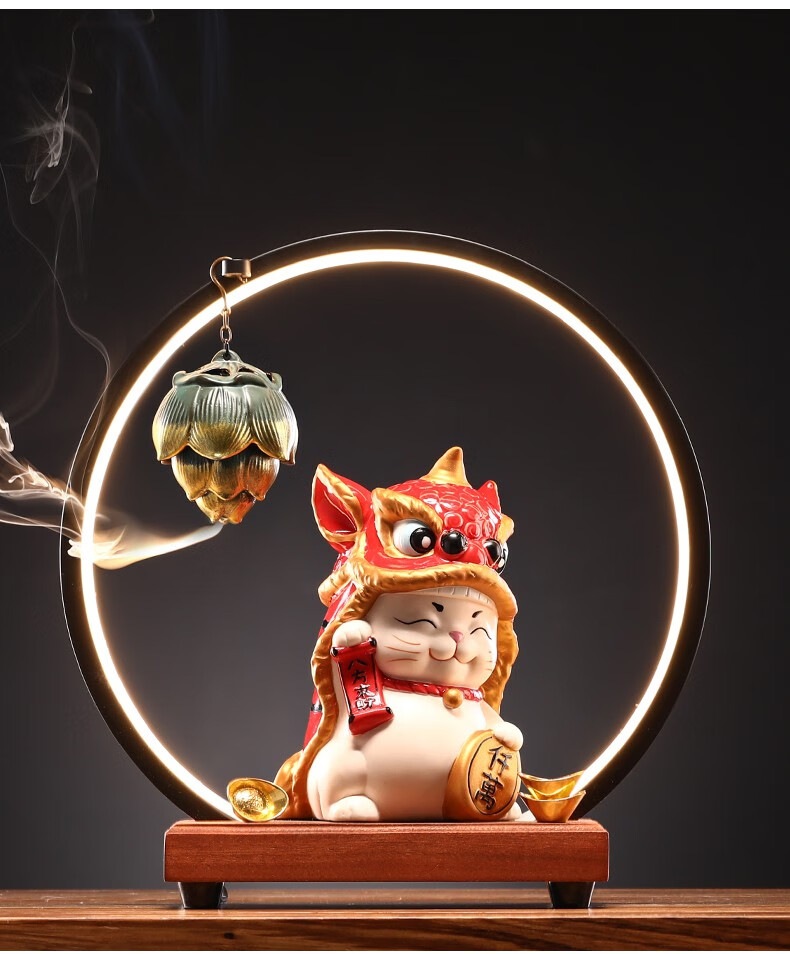 新中式灯圈舞狮猫摆件家居客厅办公室装饰品开业送礼舞龙猫红灯圈