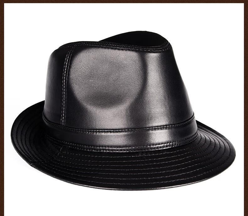 春夏季男士牛皮绅士礼帽皮中老年人英伦爵士帽老人户外爸爸帽子黑色