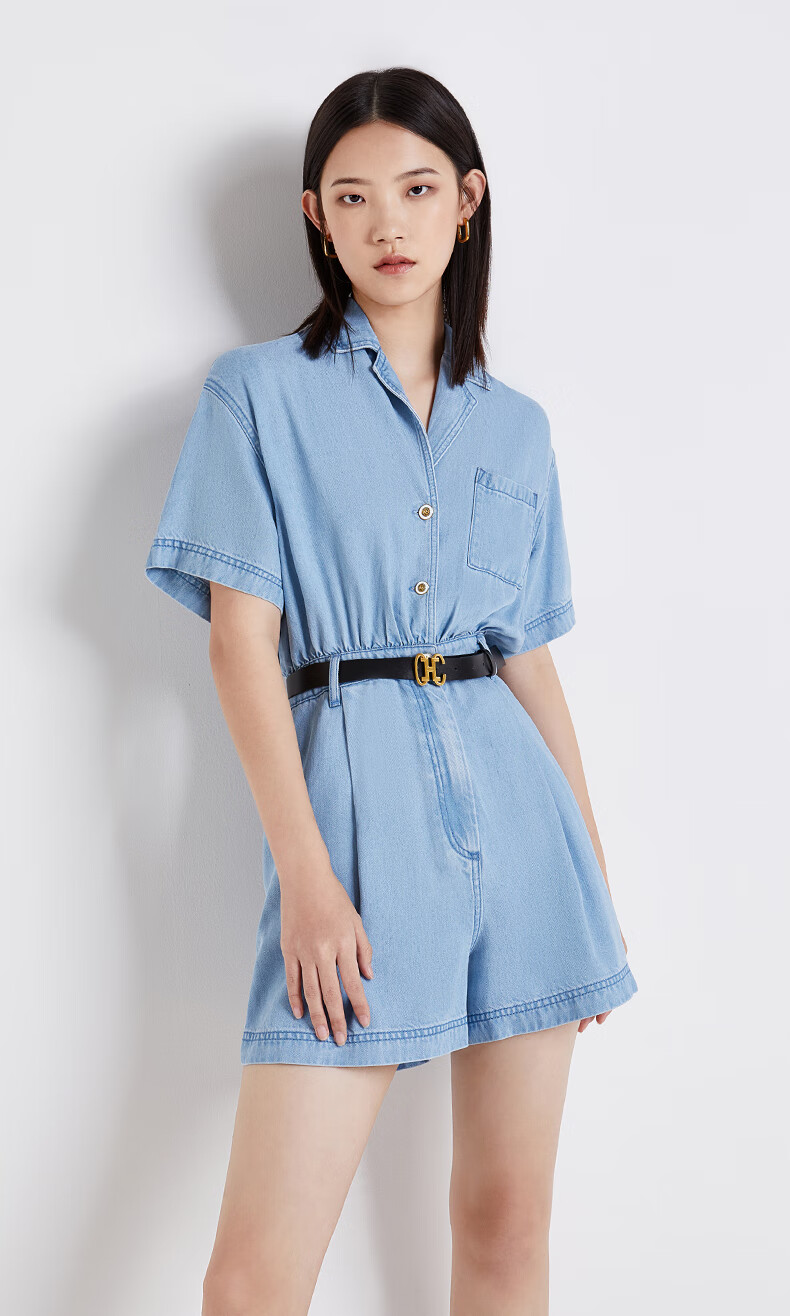 ochirly欧时力2022新款春夏翻驳领休闲短款莱赛尔牛仔连体裤女浅蓝690