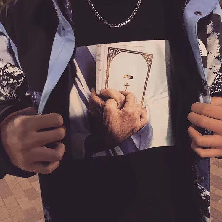 轻奢潮牌supreme夏季潮牌圣经印花圆领纯棉短袖t恤男女宽松情侣半袖