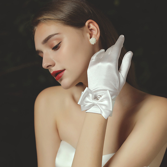 结婚手套 礼仪直播迎宾珍珠白手套缎面纱新娘伴娘珠宝旅拍婚纱礼服
