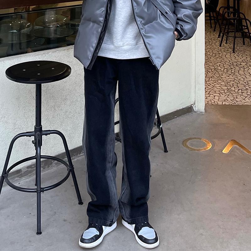 huffnpuff侧缝喷色牛仔长裤显瘦宽松男女垂感直筒 h2164 水洗黑715