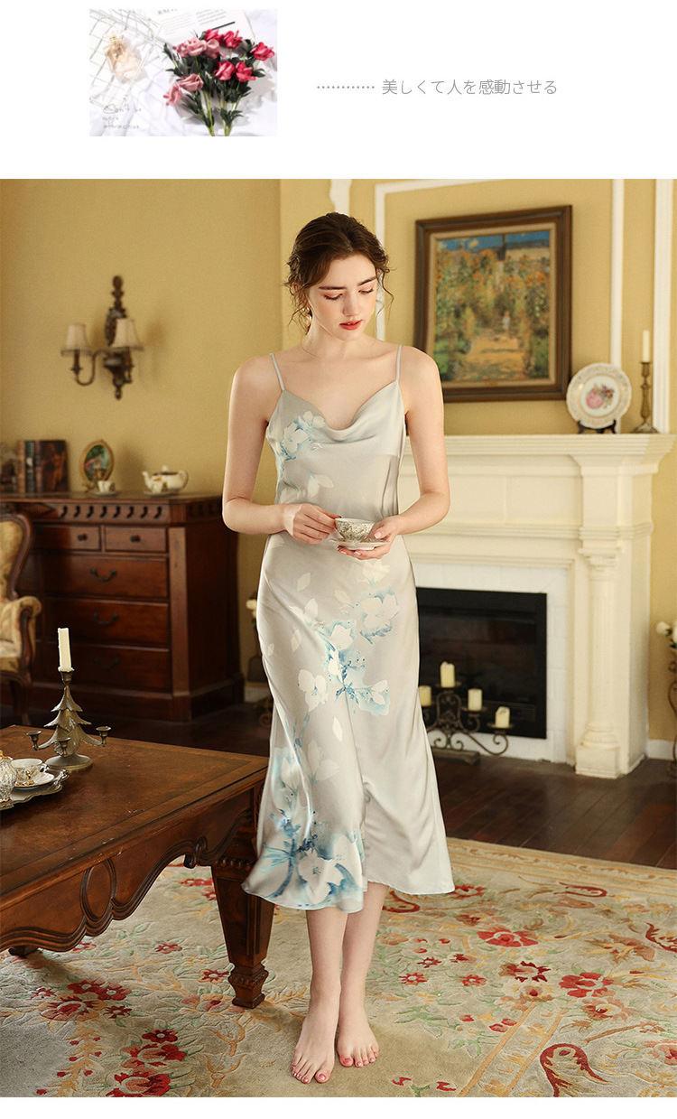 hkmr长裙新国风旗袍吊带春秋夏仿真丝定位印花礼服缎面贡缎睡裙睡衣