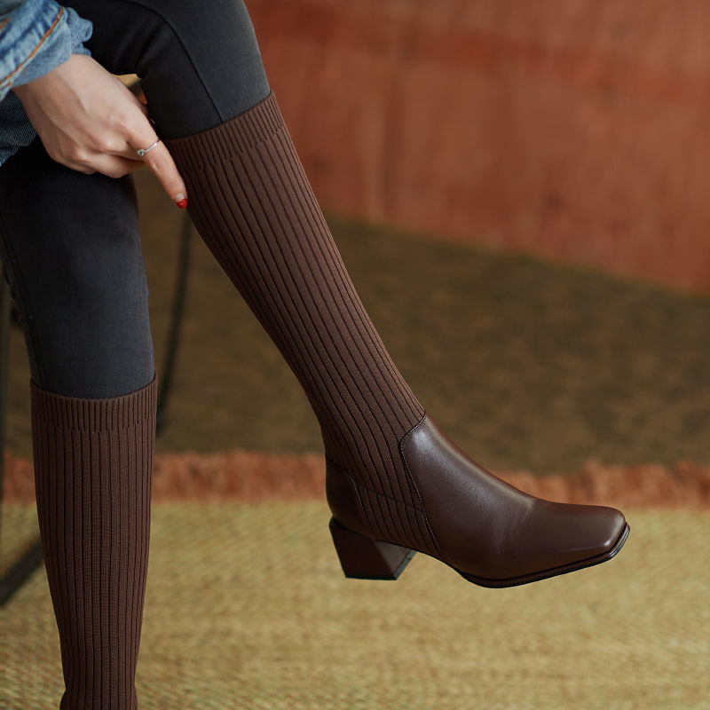 袜子长筒靴女2021新款不过膝复古显瘦弹力针织中筒网红高跟高筒靴黑色