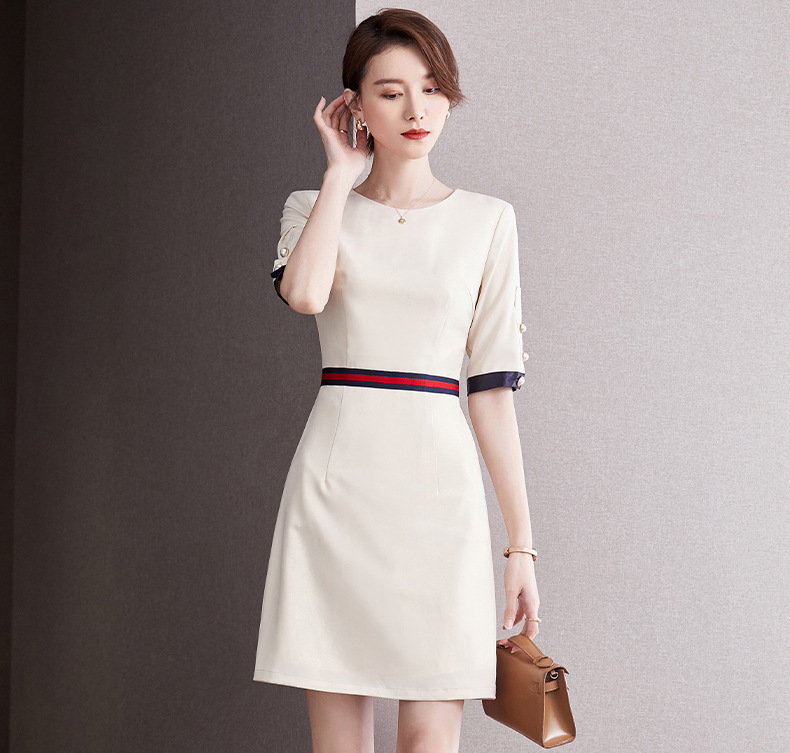 面试小香风米色裙子中袖连衣裙售楼部工作服女职业裙米色中袖连衣裙xl
