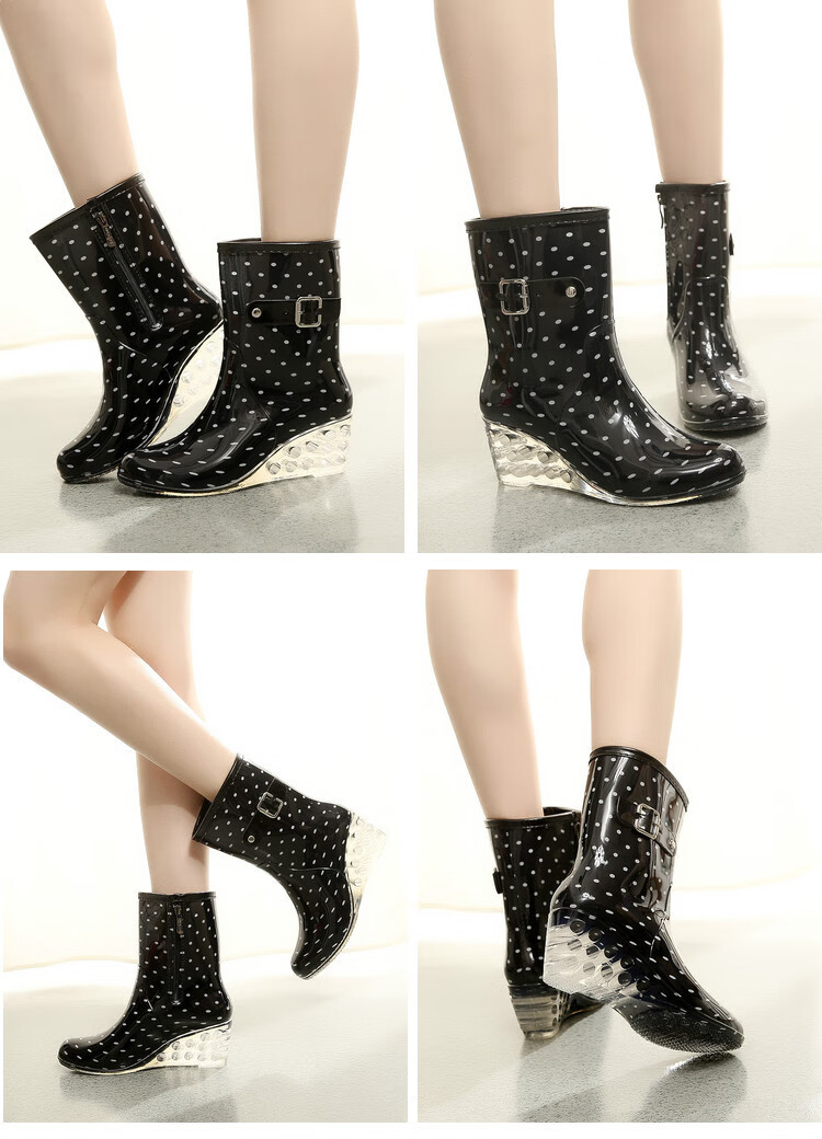雨鞋坡跟水鞋女式雨靴女加棉时尚搭扣侧拉链高跟透明雨鞋女士中筒胶鞋