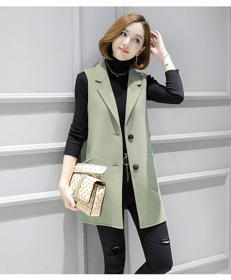 甄虹女装中长款马甲毛呢外套无袖背心马夹西装秋冬款坎肩sn3552豆绿