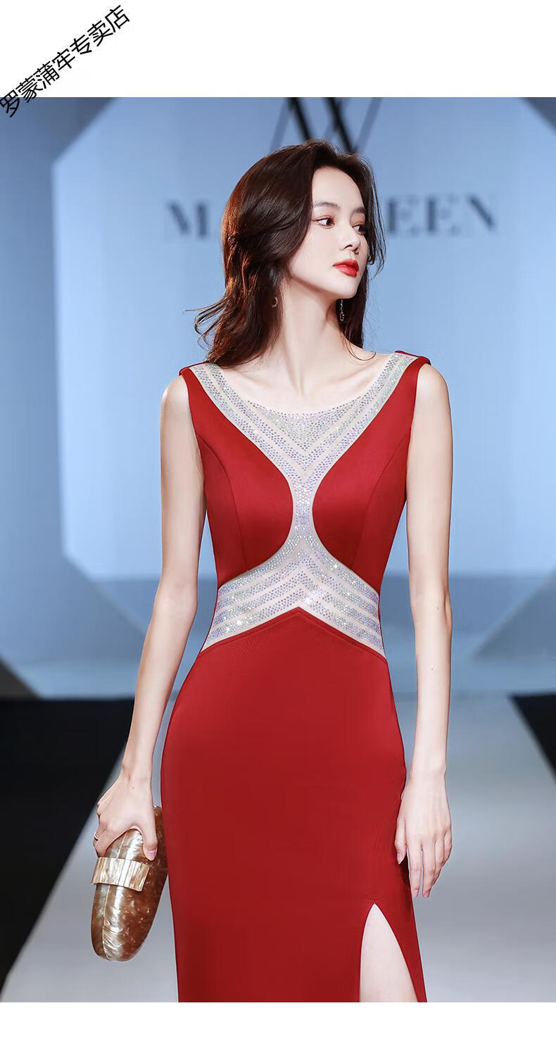 晚礼服裙女设计感小众鱼尾红色主持人年会轻奢缎面开叉连衣裙红色yr
