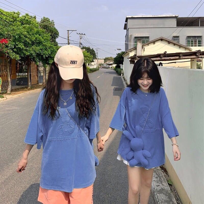 闺蜜装套装女二人夏季学生版宽松凹凸兔子短袖t恤 斜挎公仔两sn1219