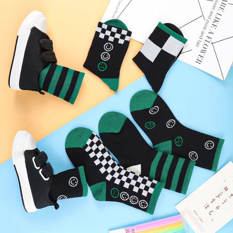 5双装儿童袜子百搭秋冬黑白格中筒袜宝宝大童帅气长筒袜女童袜子全棉