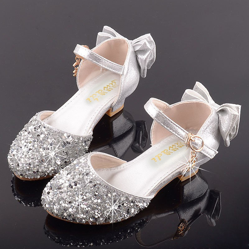迪士尼官方品牌女童公主鞋主持人钢琴演出皮鞋儿童高跟鞋小孩银色舞台