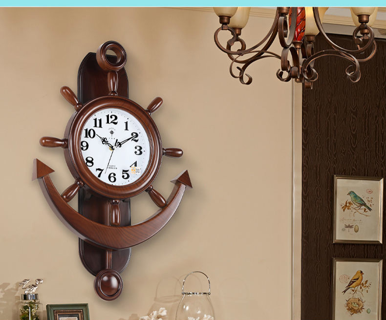 舵手挂钟 时尚客厅船舵钟表地中海摆钟石英钟 2863木纹棕 16英寸(40