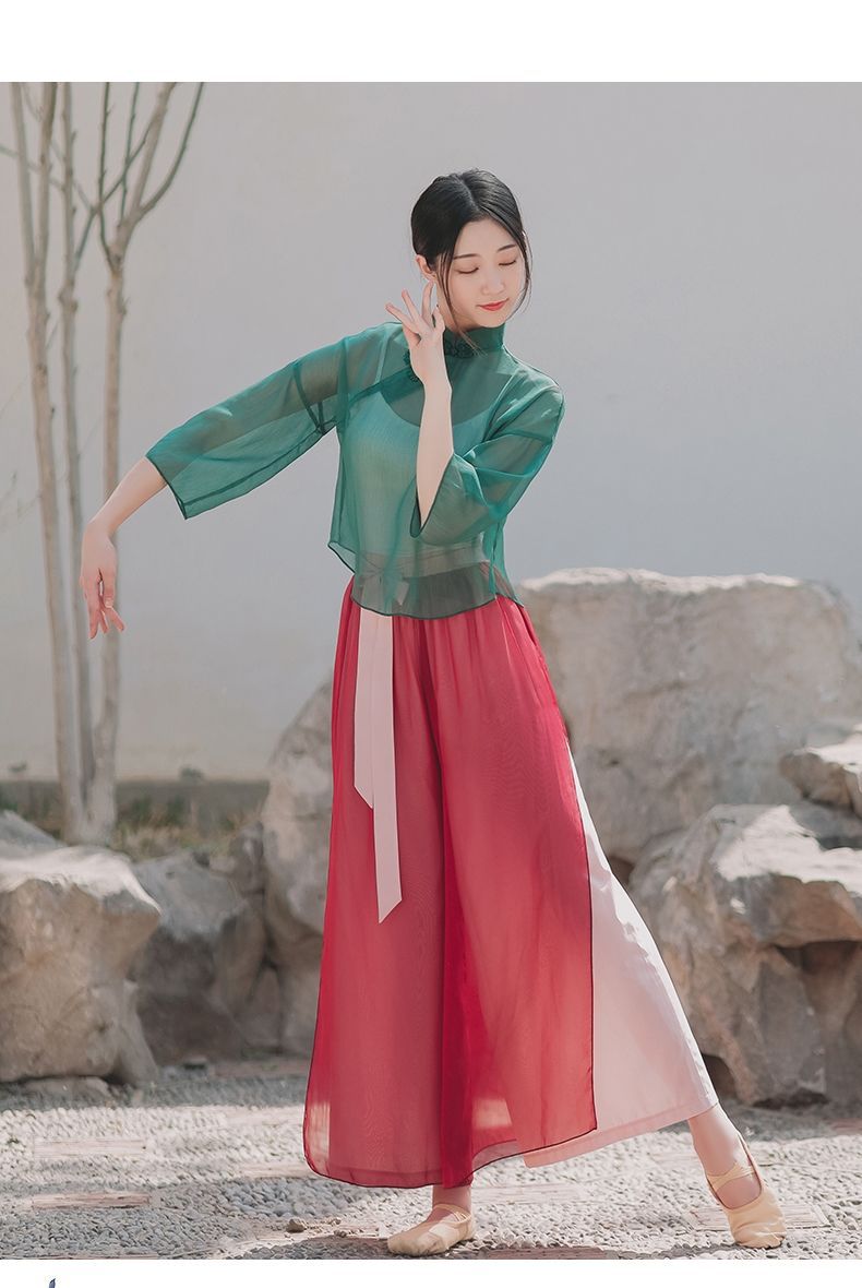 十奕古典舞蹈服女飘逸古典舞纱衣舞服身韵练功韵服装风上衣衣服黄色m