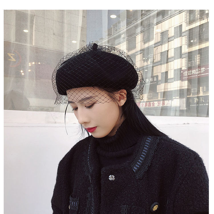 网纱贝雷帽子秋冬画家帽英伦仿羊毛呢蓓蕾帽 网纱贝雷帽-卡其【图片