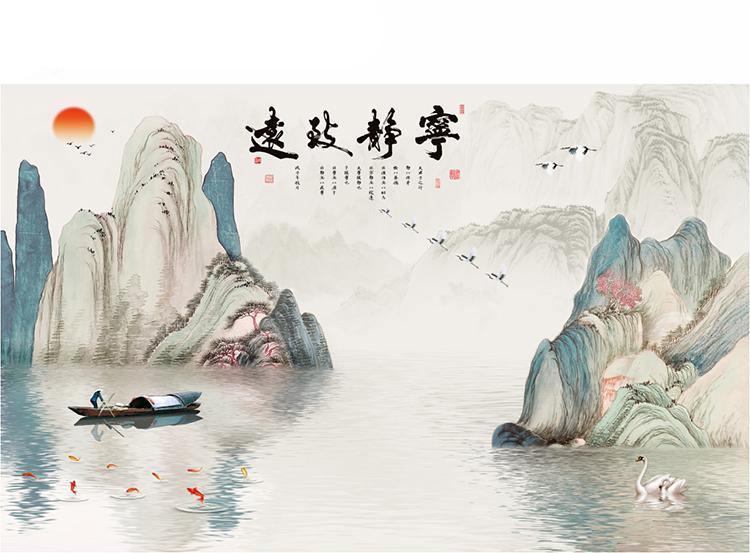 山水壁画墙画贴纸3d立体墙贴中式国画客厅办公室装饰背景迎客松定制小