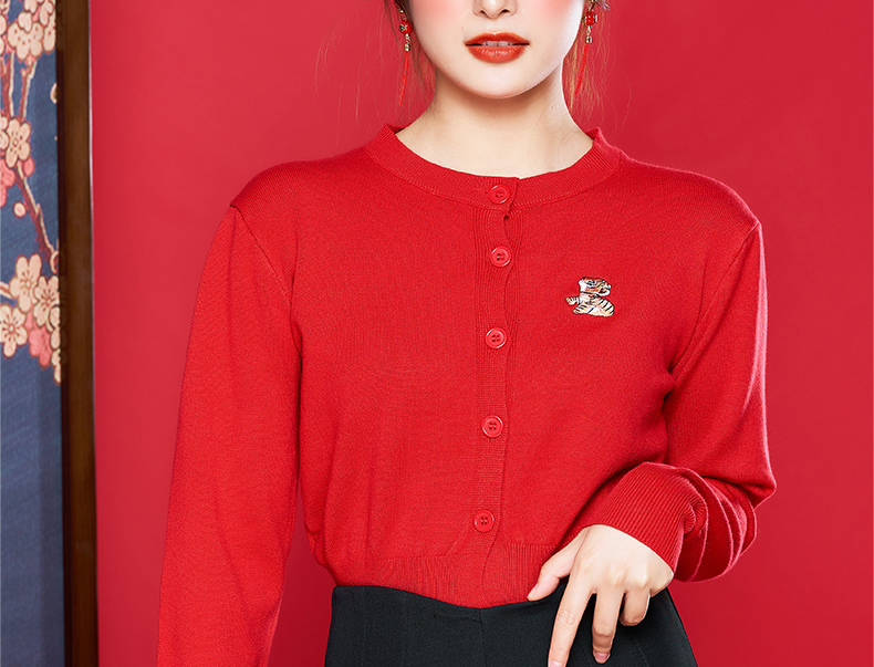 虎年本命年红毛衣红色女装时尚属女士红色洋气针织衫开衫秋冬衣服半高